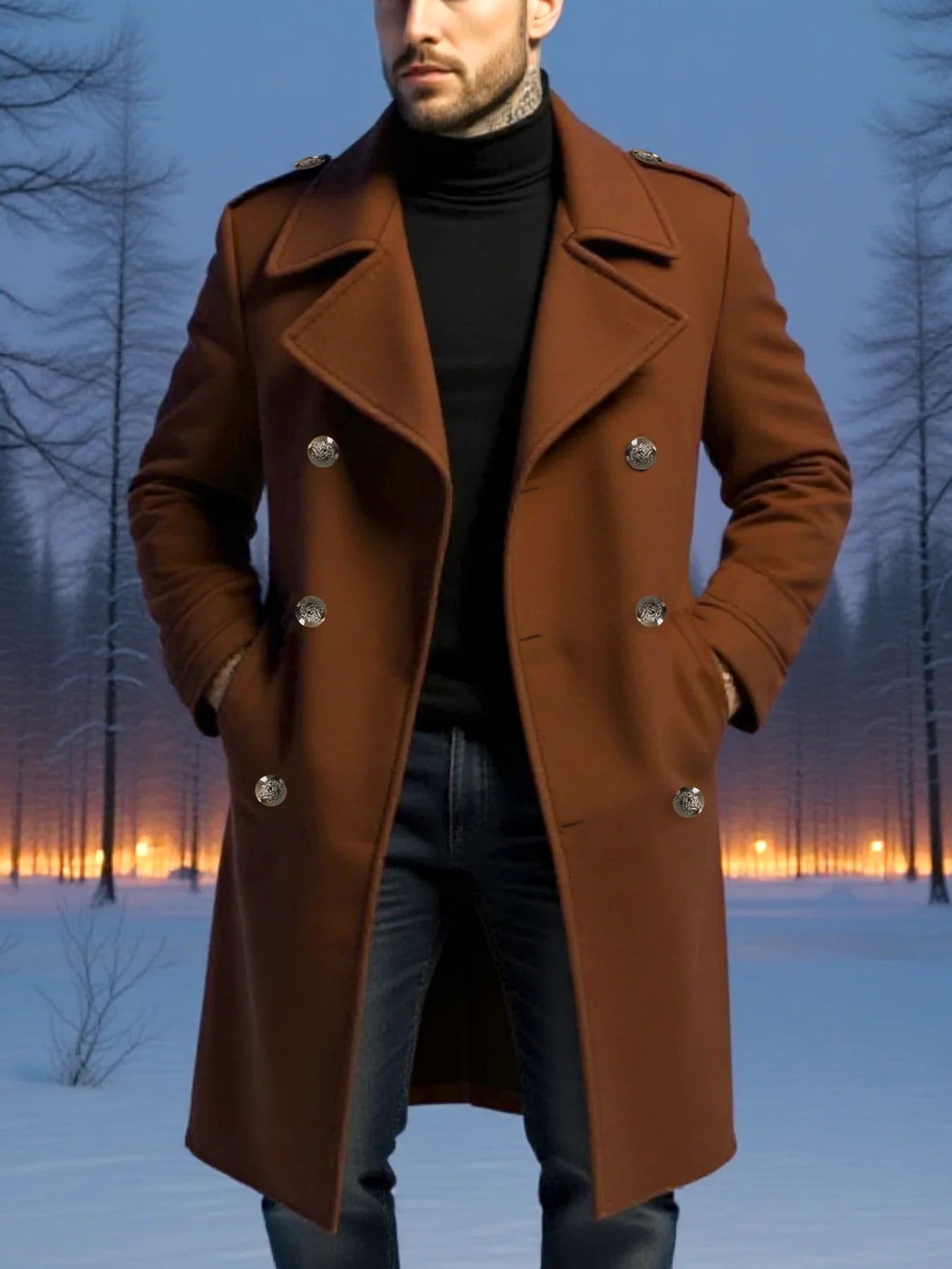 Men's Double-Breasted Winter Overcoat with Thickened Lining, Warm Long Trench Style Coat, Street Popular Fashion Item