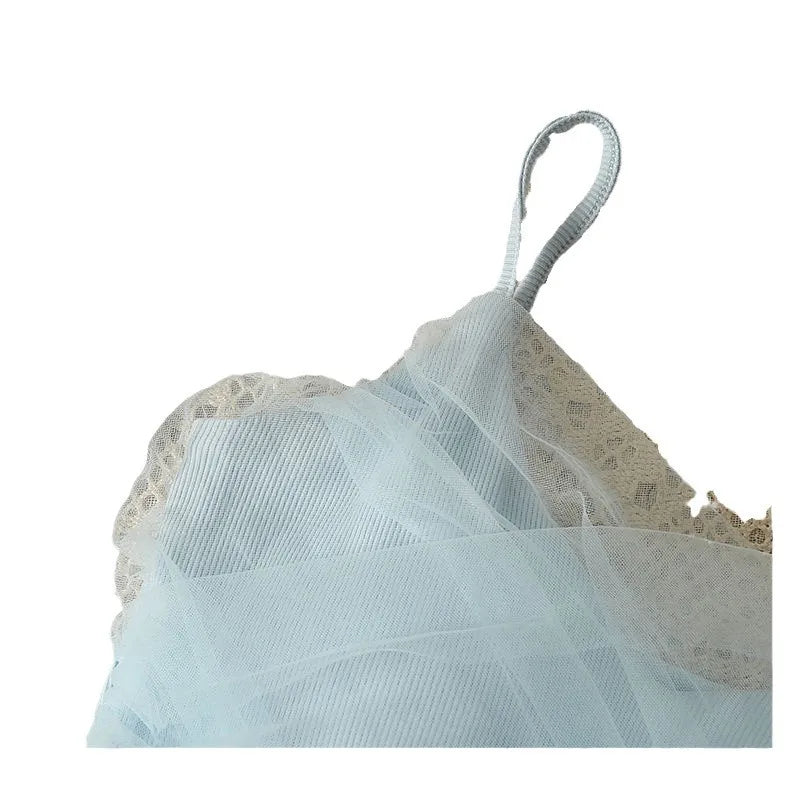 Sexy Mesh Splice Crop Top Backless Design Pure Color Strap Vest for Women Trendy Slimming Short Style Summer Fashion