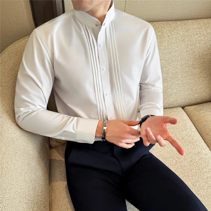 Men Shirt Stand Collar Business Solid Color Casual Slim Fit Long Sleeved Formal Dress Shirt Groom Wedding Party Men Clothing