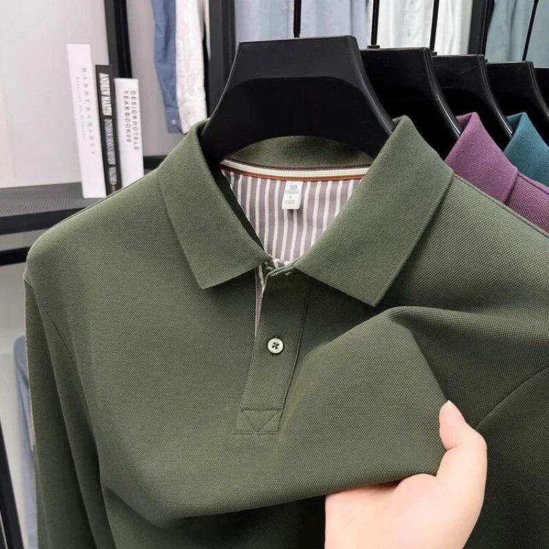 Men's casual long sleeved polo shirt autumn new loose solid color classic versatile lapel T-shirt