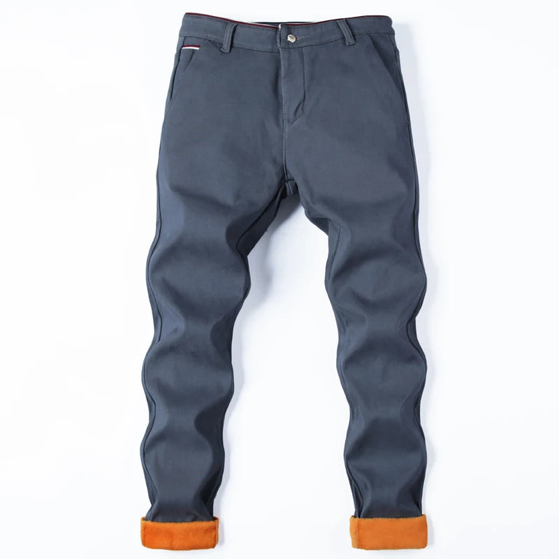 Men Winter Snow Warm Thermal Pants Straight Leg Cool Loose Pants Thicken Fleece Long Korean Business Blue Gray Khaki Trousers
