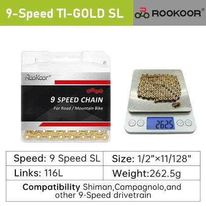 Rookoor Bicycle Chain 6 7 8 9 10 11 Speed Velocidade Titanium Plated TI Gold Silver Mountain Road Bike MTB Chains Part 116 Links