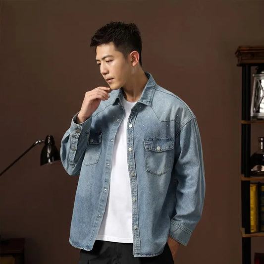 Fashion Lapel Jeans Jacket Multi Pockets Coat Men’s Vintage  Workwear Denim Shirts High Quality Spring Clothes for Male Causal