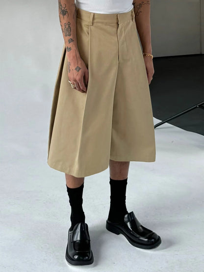 2026 SS New, Men's Solid Woven 7/8 Suit Pants,  Button Pleated, Loose Straight Cropped Trousers, Daily Commuter Streetwear