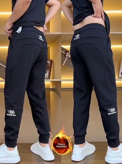 Men's Casual Trousers Autumn Winter Embroidered Fleece Lined Cuffed Thickened Sweatpants Fashionable Elastic Fashion