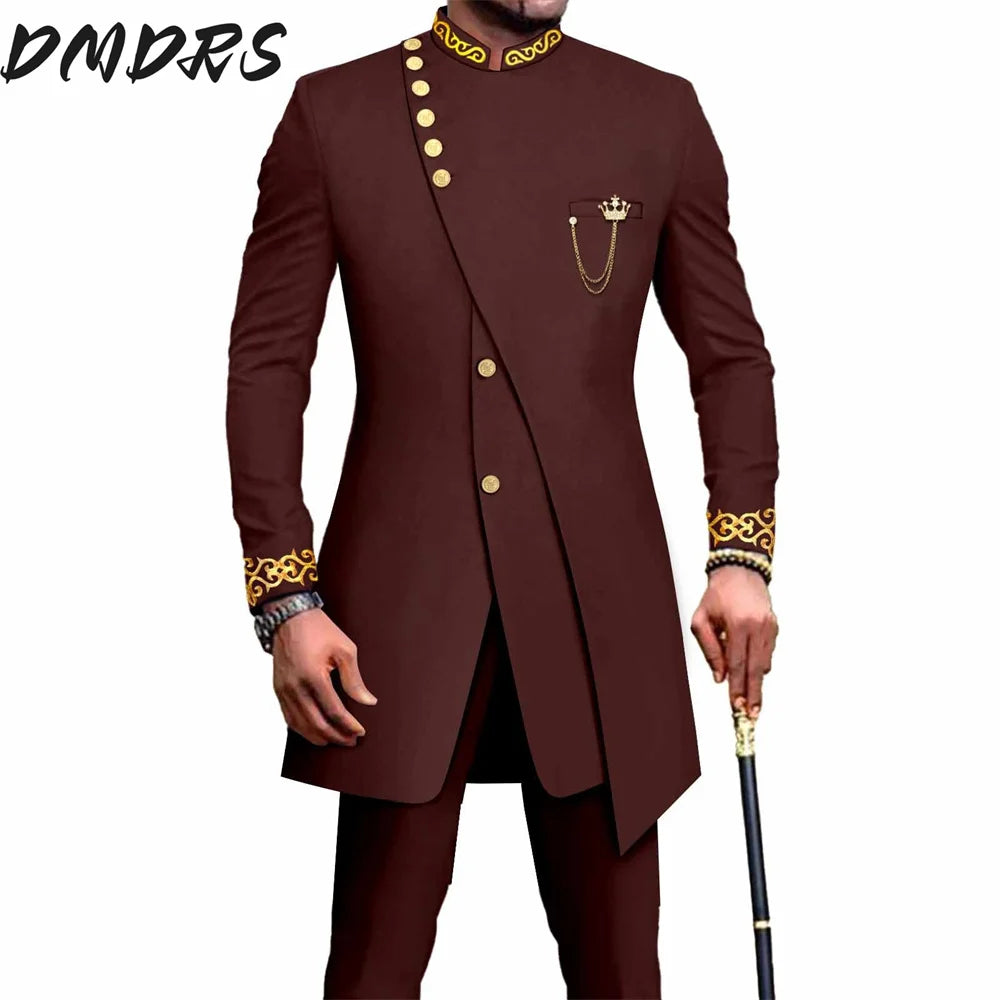 Elegant African National Printing Batik Men's Casual 2PCS Suit For Wedding Dinner Event Suit terno masculinos complete costume