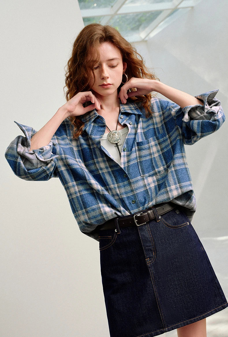 TOYOUTH Women Brushed Shirts 2026 Spring New Mid-Length Gradient Blue-White Plaid Loose Blouses