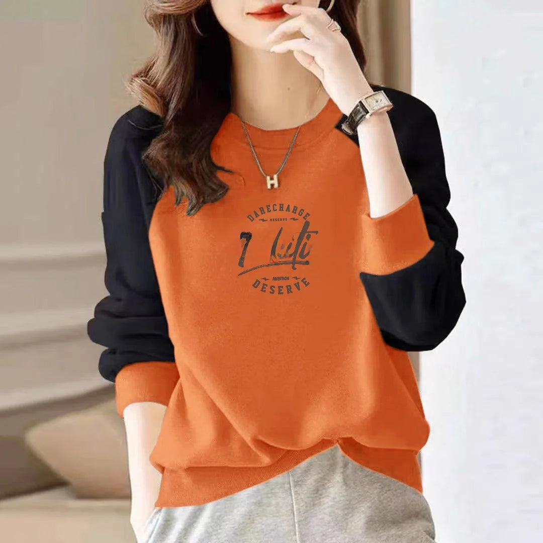 Fashionable Long Sleeve Pure Cotton Color Block Hoodie Women's Spring Autumn Casual Slimming Top Breathable Comfortable Stree...