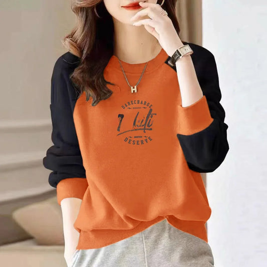 Fashionable Long Sleeve Pure Cotton Color Block Hoodie Women's Spring Autumn Casual Slimming Top Breathable Comfortable Stree...