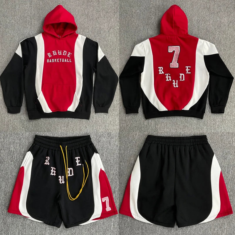 Fashionable Sports Suit Rhude Casual Shorts High-quality Splicing Color Blocks Thick Fabric Printed Hoodie