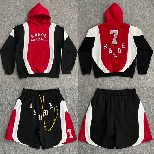 Fashionable Sports Suit Rhude Casual Shorts High-quality Splicing Color Blocks Thick Fabric Printed Hoodie