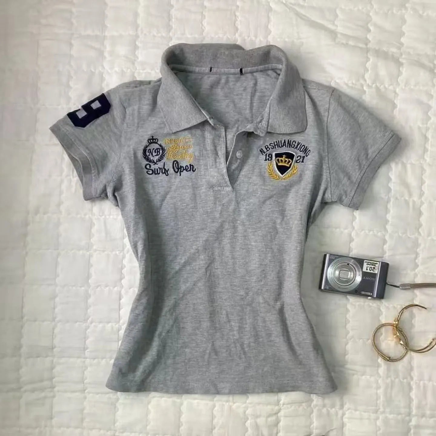 Retro American Grey  Collar Short Sleeve Slim Fit Waist Cinched T-Shirt Women Summer New Style Vintage Vintage Vintage