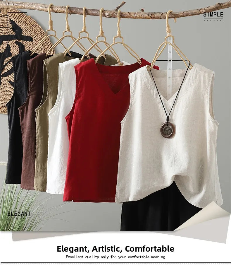 Slimming Pure Color Cotton Linen Lightweight Sleeveless round Neck Inner Wear Large Size Women's Fashionable Versatile Top
