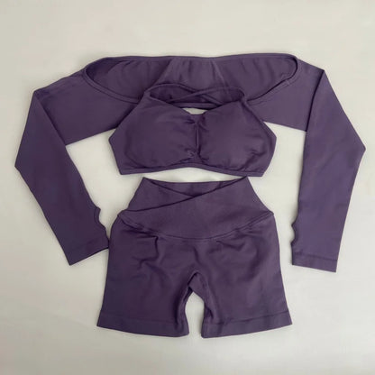 3 Pieces Women's High Stretch Gym Sportswear Shrug Sports Bra Shorts Set Comfortable Workout Yoga Active Wear Outfit