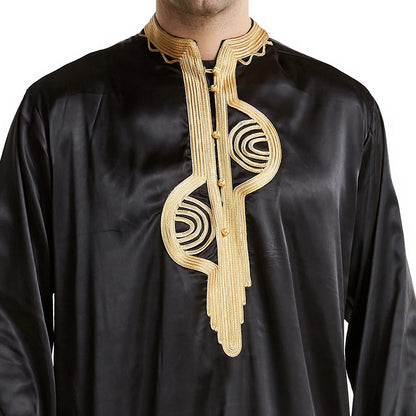 TH819 Men's Muslim Middle Eastern Men Long Sleeves Stand Collar Silk Emboridery Robe Male Ramadan Eid Jubba Thobe
