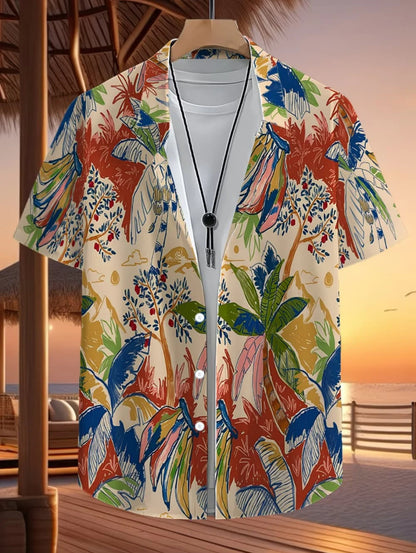 Men's Coconut Tree Graphic Print Short Sleeve Lapel Shirt Tops Men's Casual Button-Down Shirts for Summer Daily Wear Men Clothes