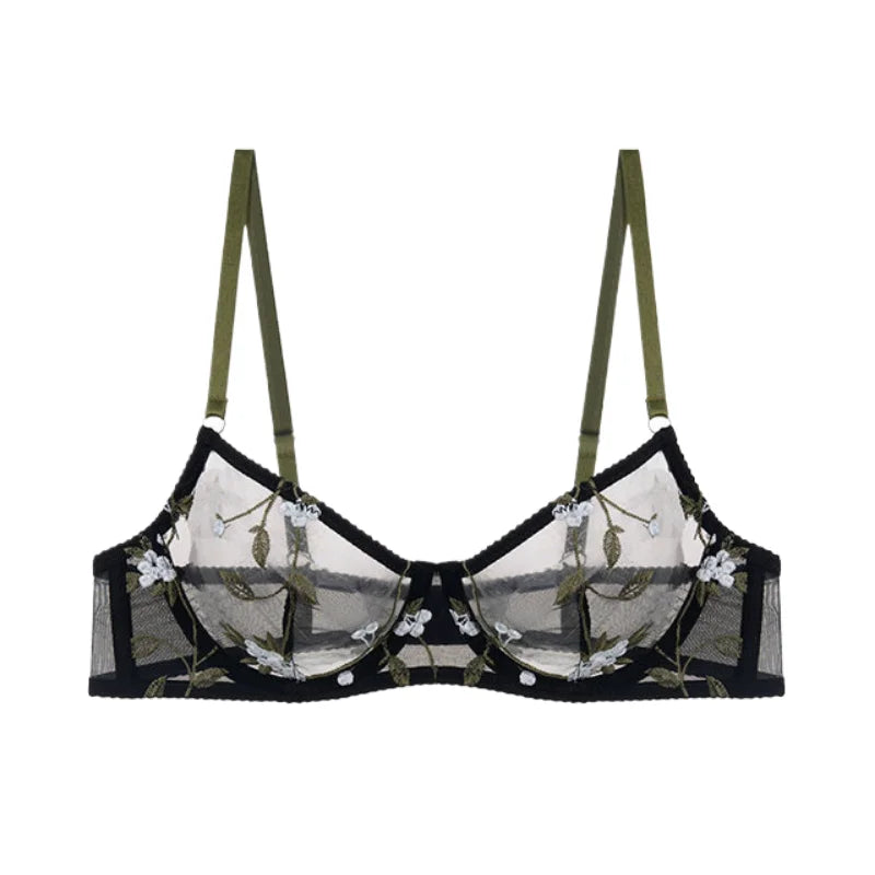 Sexy Soft Mesh Bra Set, Embroidered Ultra Thin T Back,Comfortable Transparent Lingerie for Women, Slimming Breathable Inner Wear