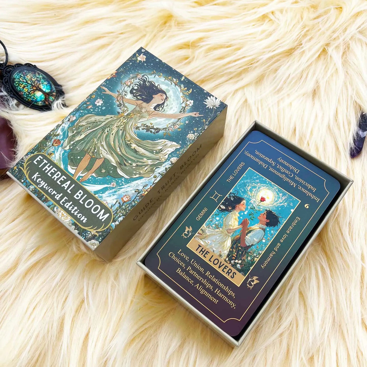 78 Tarot Cards, 13x8 Cm, Ethereal Bloom Tarot Keyword Edition, Connect with Inner Light, Ideal for Beginners, Card Game Set