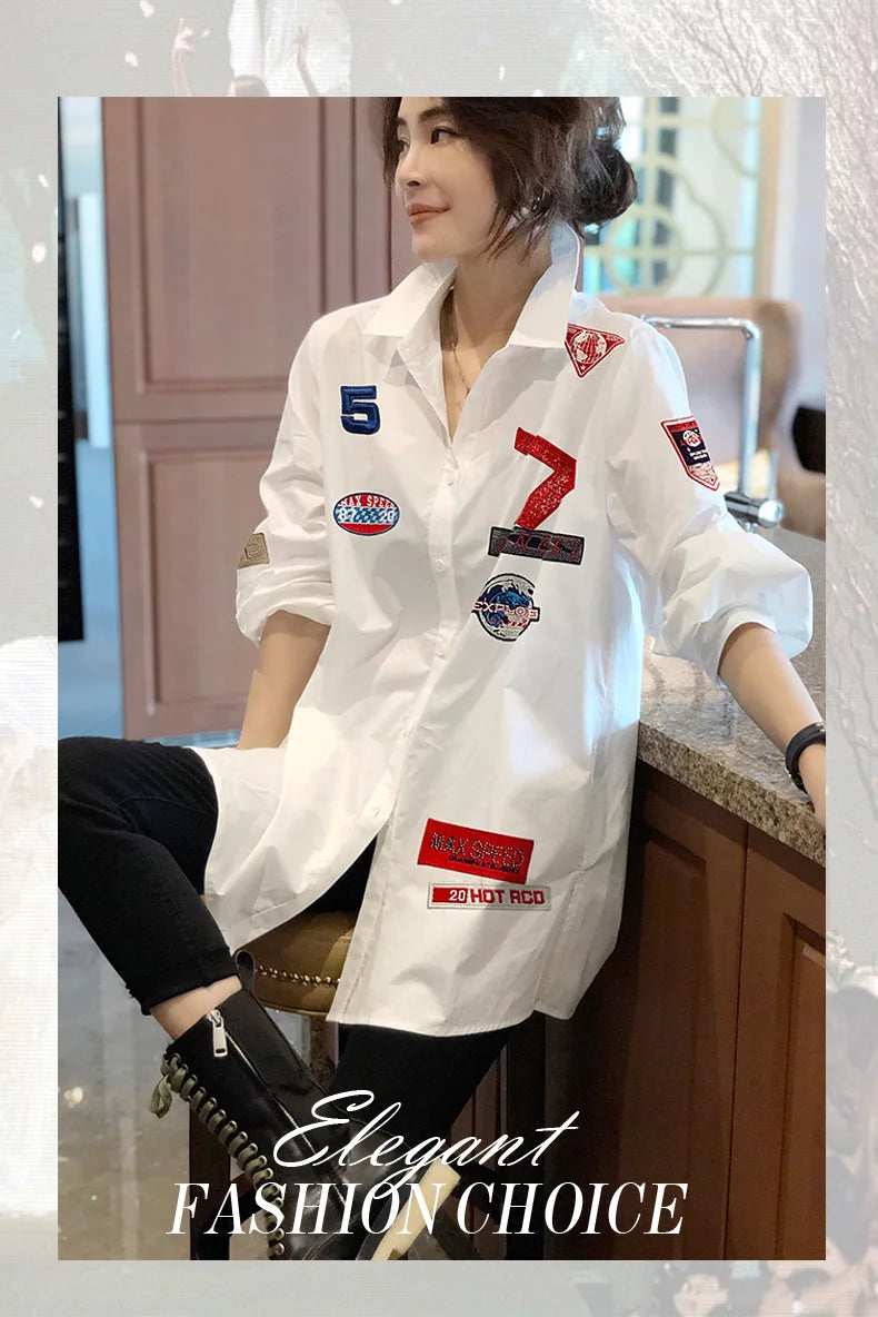 Plus Size Retro Embroidered Printed White Loose Fitting Shirt for Women Long Sleeved Top Spring Wear 2025 New Item