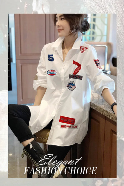 Plus Size Retro Embroidered Printed White Loose Fitting Shirt for Women Long Sleeved Top Spring Wear 2025 New Item