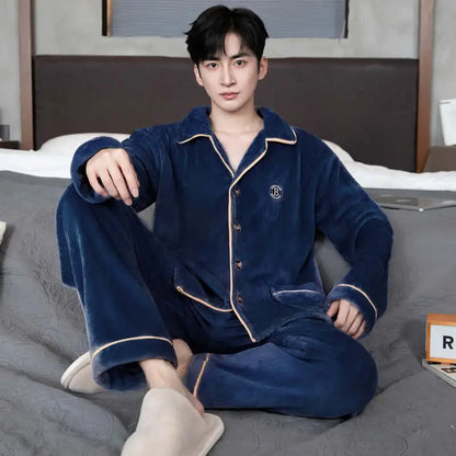 Men's Sleepwear Coral Fleece Flannel Thick Warm Cardigan Home Clothes Autumn Winter Long Sleeve Button up Comfortable Pajamas