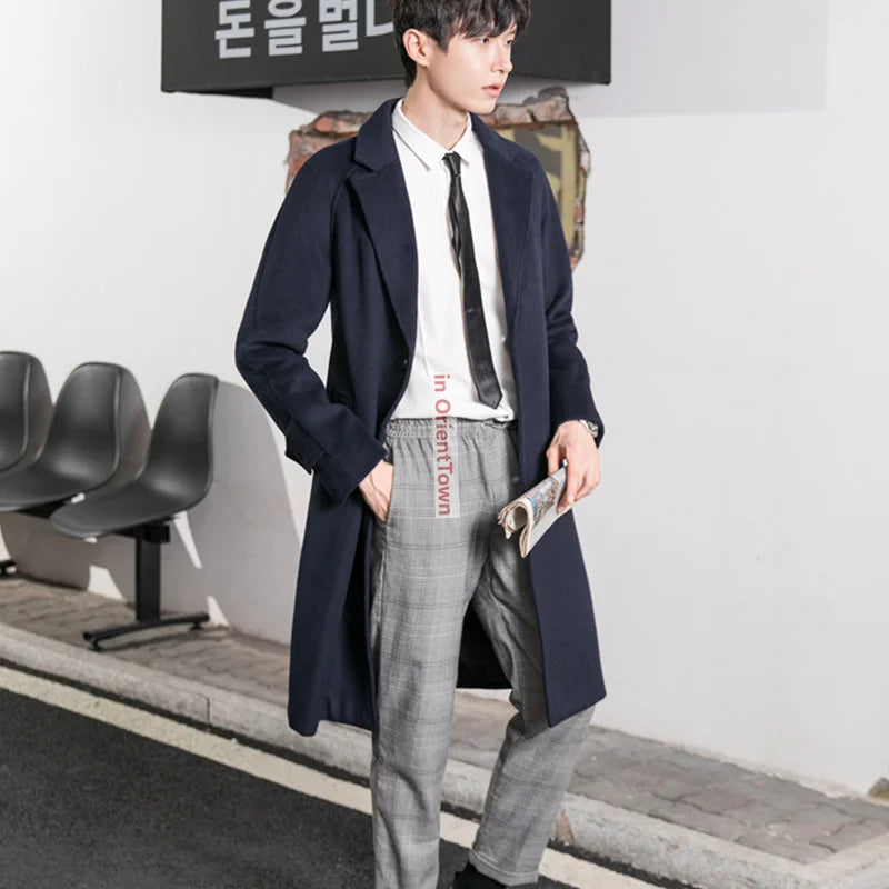 Thickened Slim Fit Lapel Trench Coat for Autumn and Winter Long Woolen Overcoat for Men Double-Sided Woolen Cashmere Windbreaker