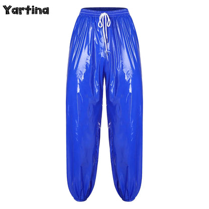 Mens Shiny Y2K Drawstring Jogging Pants Waterproof Elastic Waistband Side Pockets Track Baggy Glossy Pants Hip Hop Trousers