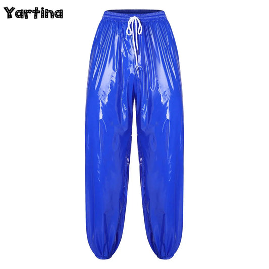 Mens Shiny Y2K Drawstring Jogging Pants Waterproof Elastic Waistband Side Pockets Track Baggy Glossy Pants Hip Hop Trousers