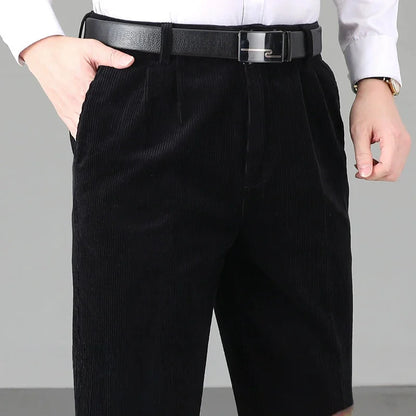 High Waist Double Pleated Winter Corduroy Pants Men Straight Loose 100% Cotton Autumn Casual Mens Trousers Size 44 46 48 50