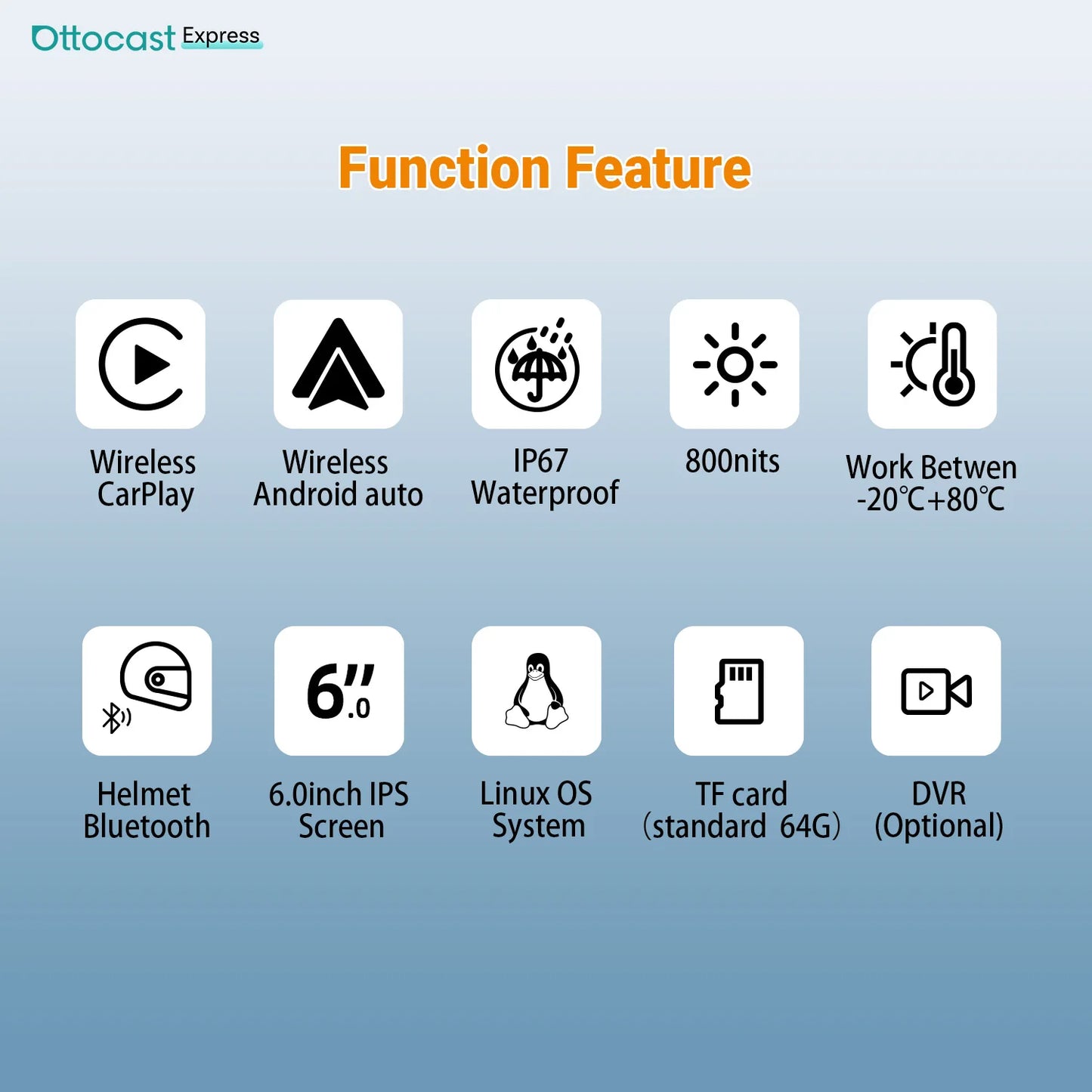 Ottocast Express Motorcycle Display 6.0 inch IP67 Waterproof GPS Wireless Carplay Android Auto DVR Drive Recorder Moto Monitor