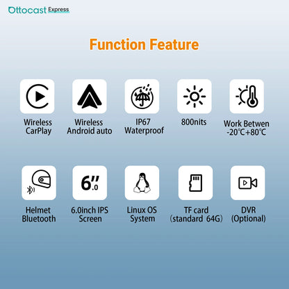 Ottocast Express Motorcycle Display 6.0 inch IP67 Waterproof GPS Wireless Carplay Android Auto DVR Drive Recorder Moto Monitor