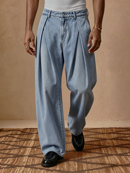 Street Style Men High Waist Straight Pants, Woven Denim Look, Buttoned Pleated, Trendy Italian Fashion, Casual Daily Wear