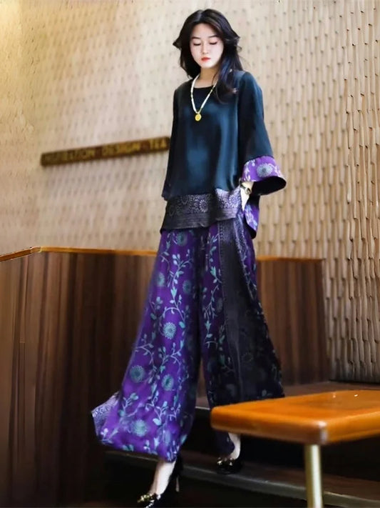 Silk Wide Leg Pants plus Size Loose Fitting Meat Covering Two Piece Set for Stylish Older Women Summer New Arrival