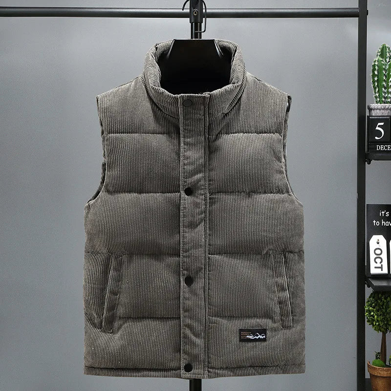 2025 New Vest Jacket Men's Autumn Winter Warm Coat Stand Collar Padded Waistcoat Corduroy Work Wear Male Clothes M-5XL