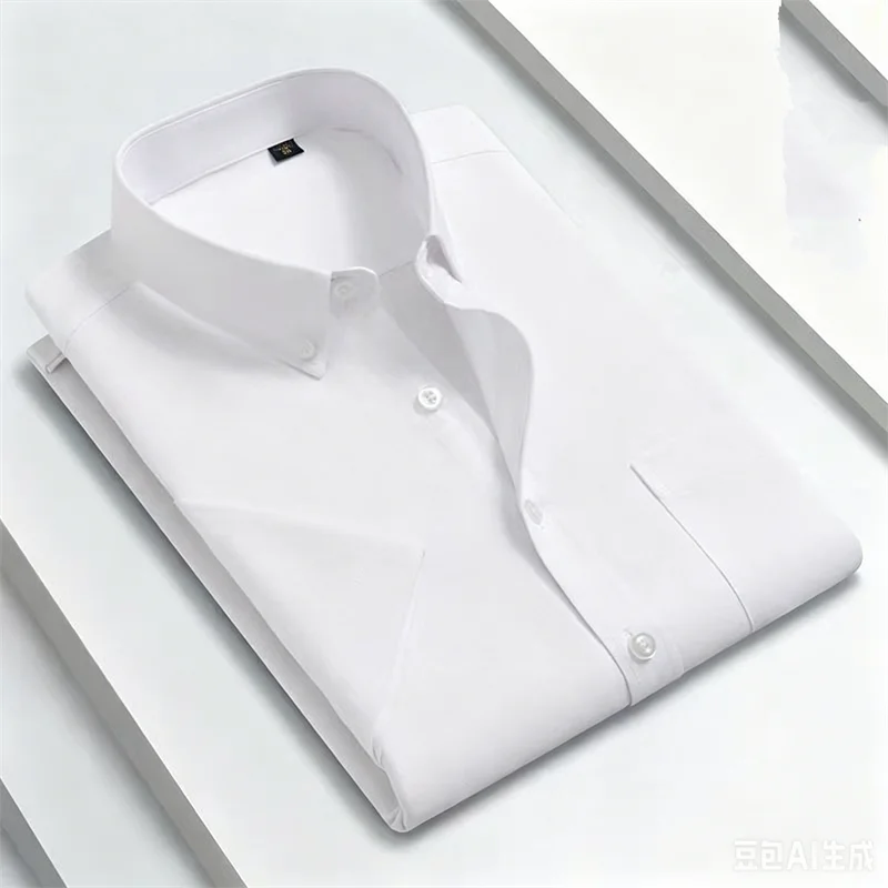 New 100% Cotton Men's Oxford Shirts Short Sleeve Summer Stripe Casual Formal Dress Social Regular Fit White Fashion Clothes 5XL
