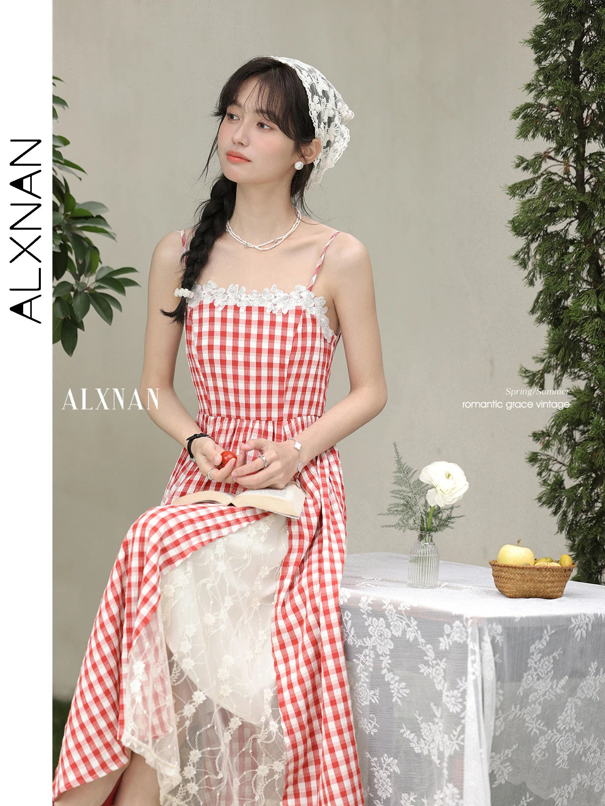 ALXNAN Plaid Lace Panel Sleeveless Dress Long A-line Women's Holiday Party Dresses Fashion Elegant Travel Female Clothing L53525