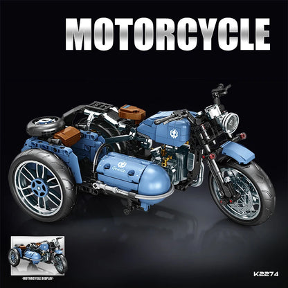 Retro Sidecar Motorcycle Building Blocks Set Vintage Trike Motorbike Model with Side Car, DIY Assembly Bricks Toy