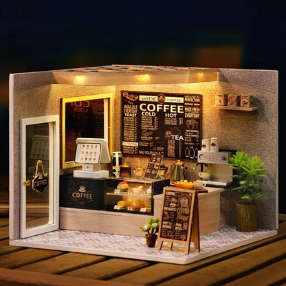 DIY Wooden DollHouse Leisurely Coffee Shop Dollhouses Scene Model Miniature Doll House Wooden Assembly Model Toys For Xmas Gifts