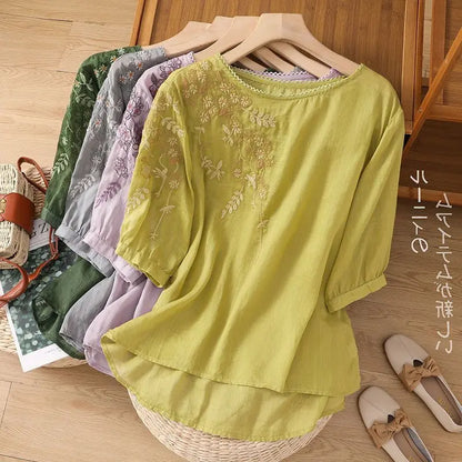 Fashion Thin Cotton Linen Y2k Tops Tee Women Clothing Summer Loose T Shirts Woman Embroidered T-shirt Blusa Casual Ladies tshirt