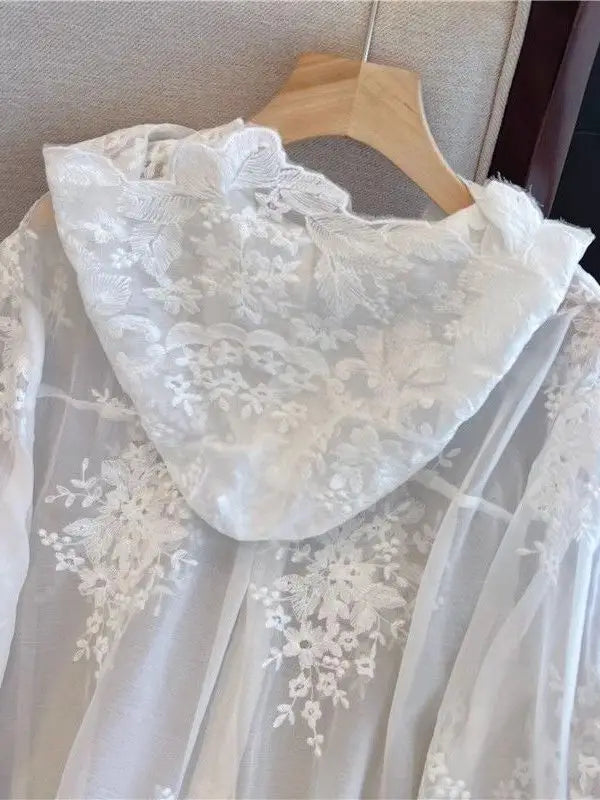 Elegant Thin Lace Hat Shirt Women's Loose Fit Summer 2025 plus Size Slimming Korean Style Long Sleeve Button up