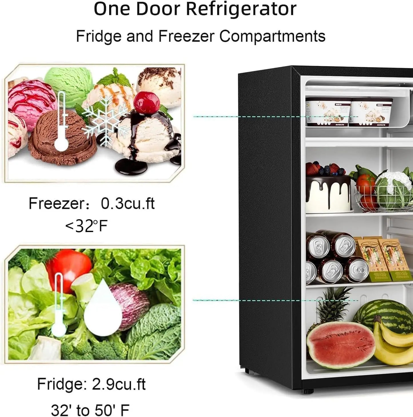 Mini Compact Refrigerator with Freezer, 3.2 Cu.Ft. Single Door with Adjustable Thermostat,Removable