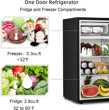 Mini Compact Refrigerator with Freezer, 3.2 Cu.Ft. Single Door with Adjustable Thermostat,Removable