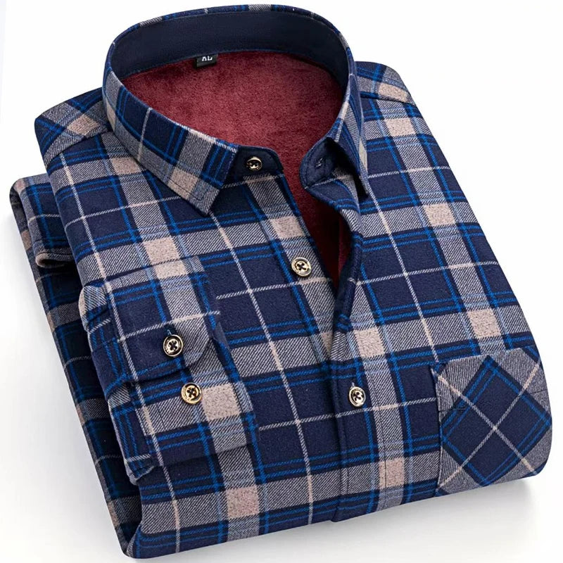 Winter Warm Shirt For Man Thickened Flannel Plaid Casual Menswear Long Sleeve Plus Fleece Big Size Regular Fit Smart Dress Shirt