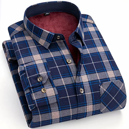 Winter Warm Shirt For Man Thickened Flannel Plaid Casual Menswear Long Sleeve Plus Fleece Big Size Regular Fit Smart Dress Shirt