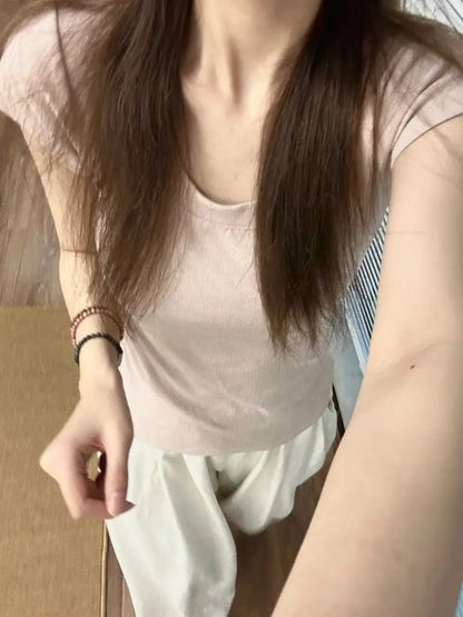 Slim Fit Short Sleeve U Neck Basic Style Women's T Shirt Summer Fashionable Cotton Blend Casual Top for Young Girls