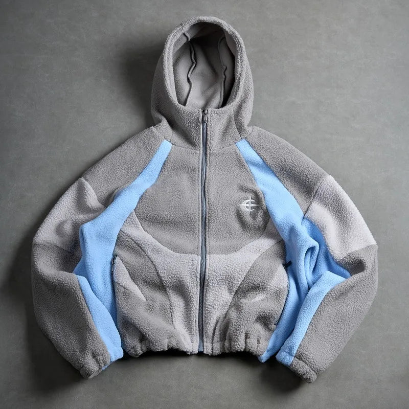 American Style Patchwork Polar Fleece Hooded Jacket Men Autumn Winter Warm Oversized Coat High Street Hip Hop Streetwear Man