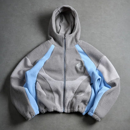 American Style Patchwork Polar Fleece Hooded Jacket Men Autumn Winter Warm Oversized Coat High Street Hip Hop Streetwear Man