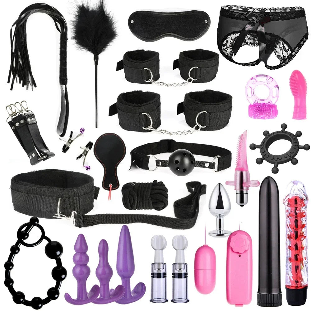 Sex Products Erotic Toys for Adults BDSM Sex Bondage Set Handcuffs Nipple Clamps Gag Whip Rope Sex Toys For Couples