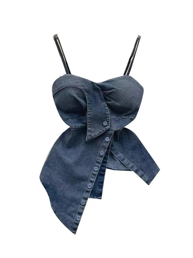Irregular Halter Neck Denim Crop Top Women Summer Outdoor Wear with Chest Pad Slimming Sexy Girl Shirt Short Length Zipper