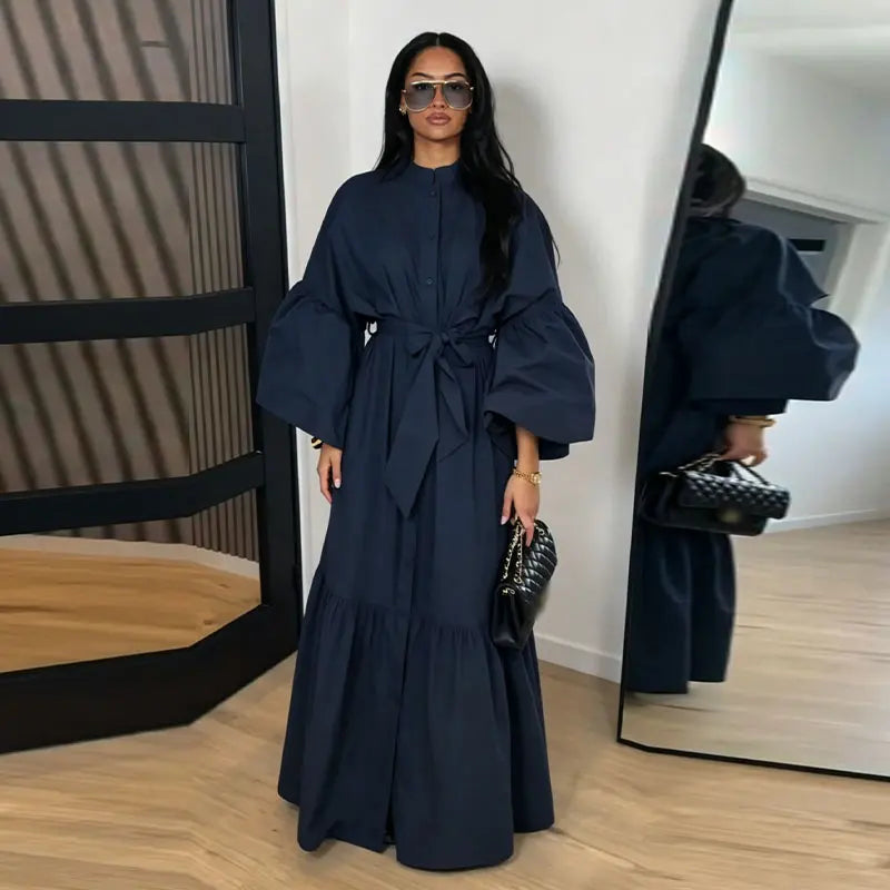 Casual Women Dress Belt Cinched Waist Long Sleeve High Collar Solid Single Breasted Female Dress Chic Lady Commute Summer 2026